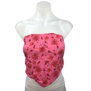 New Perry Walker Collective Pink Floral Ruched Elastic Back Crop Tube Top Size S